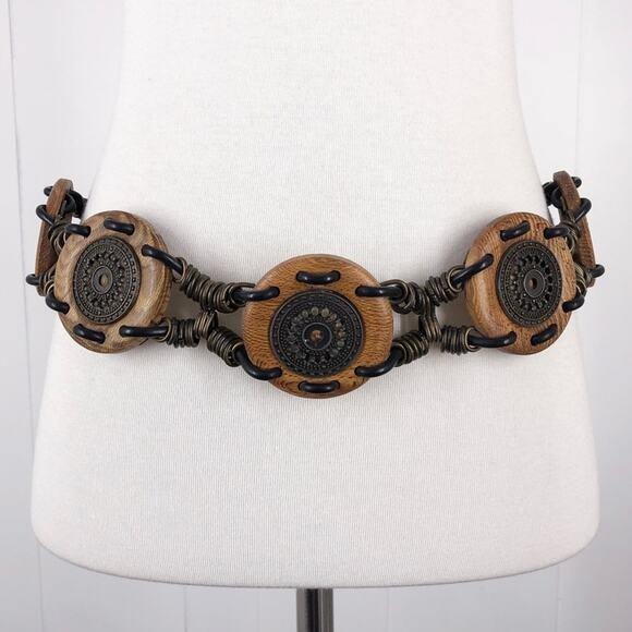 Unknown Accessories - Concho Belt Mixed Media Womens Size Small Tan Multi Wood Chain Boho Festival